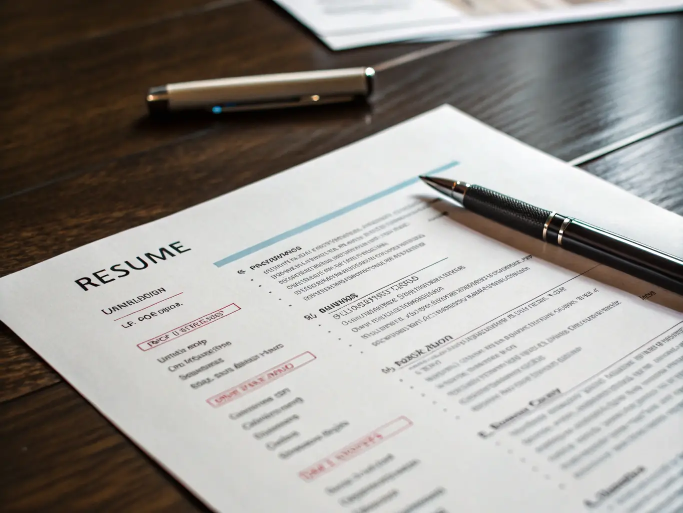 A professional resume being reviewed, highlighting key skills and experience, symbolizing XspaceHR's resume building services.