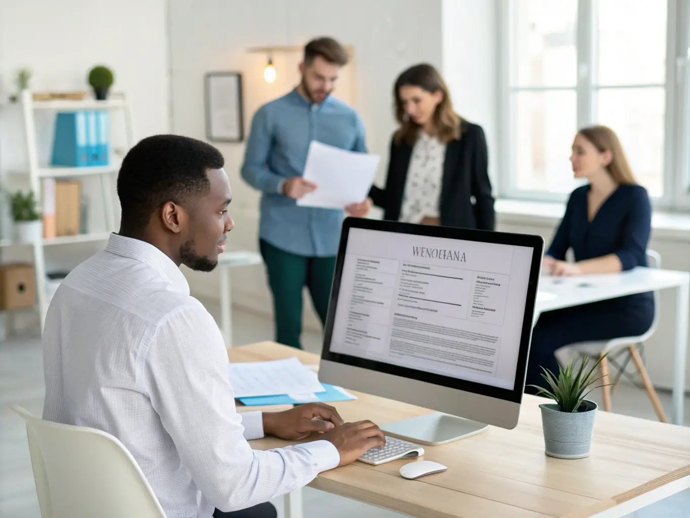 An image of a recruiter reviewing resumes on a computer with a diverse group of professionals in the background, symbolizing XspaceHR's talent acquisition and recruitment services.