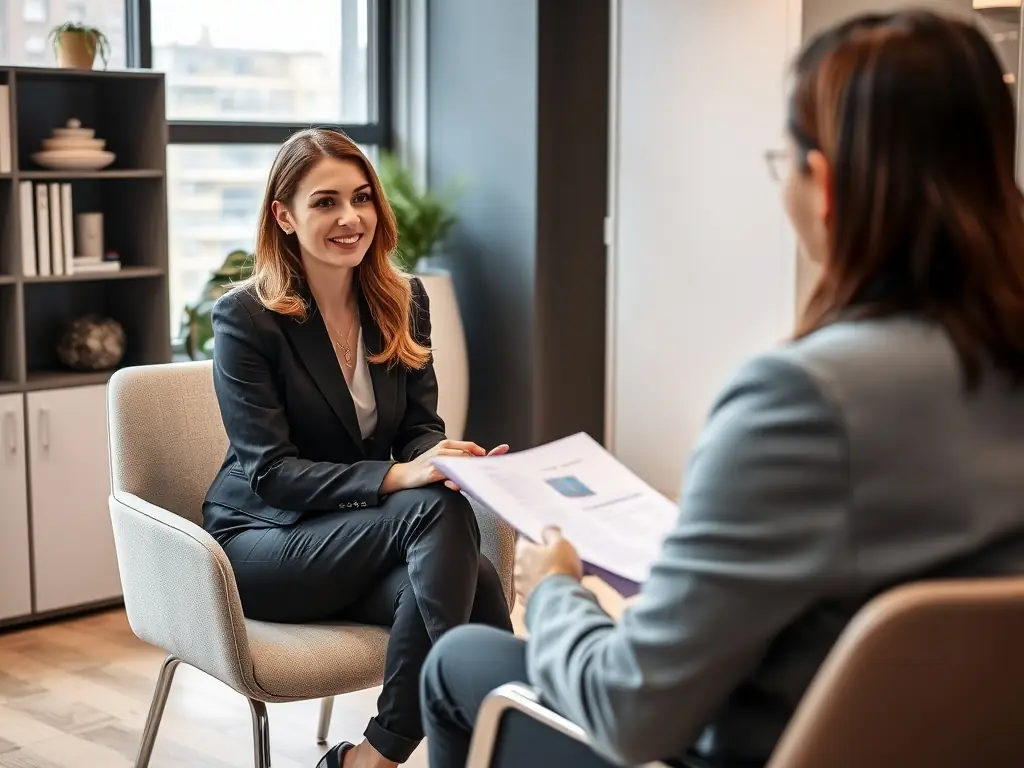 A professional job seeker receiving personalized career advice from an XspaceHR consultant in a modern office setting, emphasizing the one-on-one support.