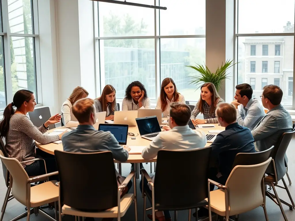 A diverse group of professionals is participating in a career development workshop led by an Xspacehr facilitator. The workshop focuses on enhancing job search skills and building a strong professional network.