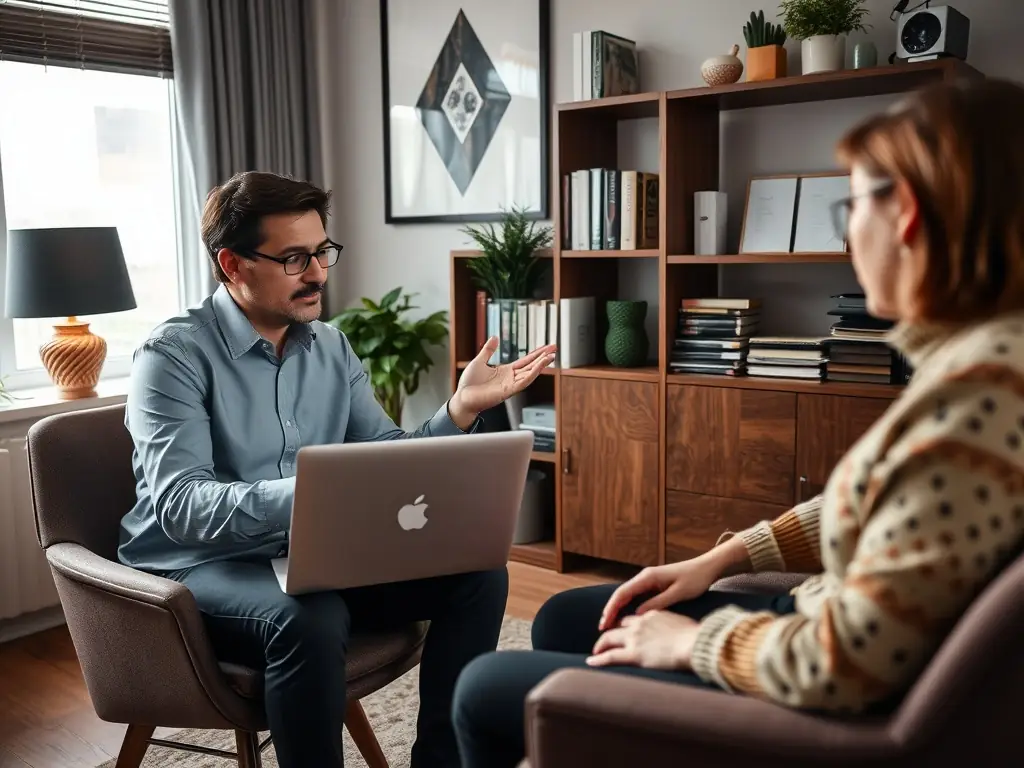 A professional job seeker is receiving personalized career advice from an Xspacehr consultant in a modern office setting. The consultant is pointing at a career path diagram on a screen, illustrating potential growth opportunities.