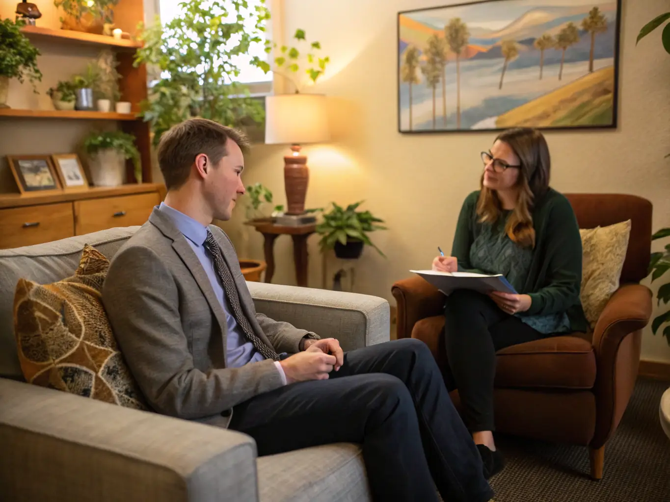 An image of a career counselor discussing plans with a young professional in an office setting, representing XspaceHR's career counseling and job placement services.